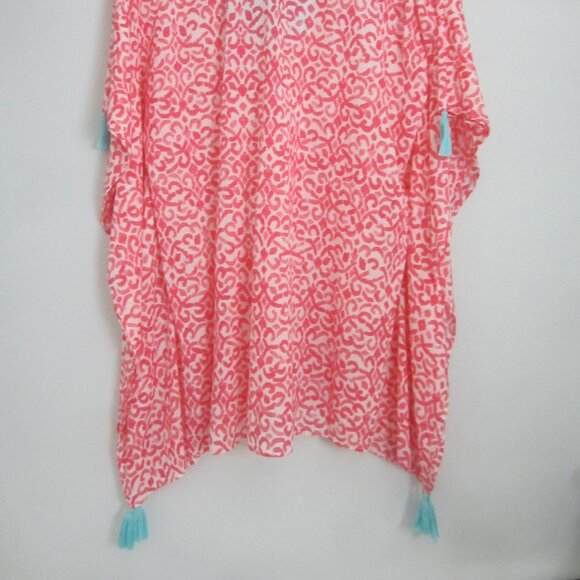Tommy Bahama Womens One Size Pink White Aqua Blue Cotton Cover Up Tassles O/S - Picture 9 of 9